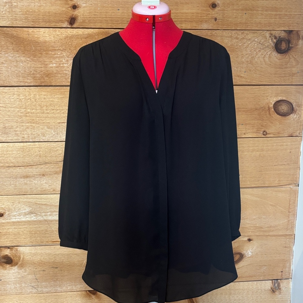 NYDJ Black Split-Neck Long Sleeve Blouse